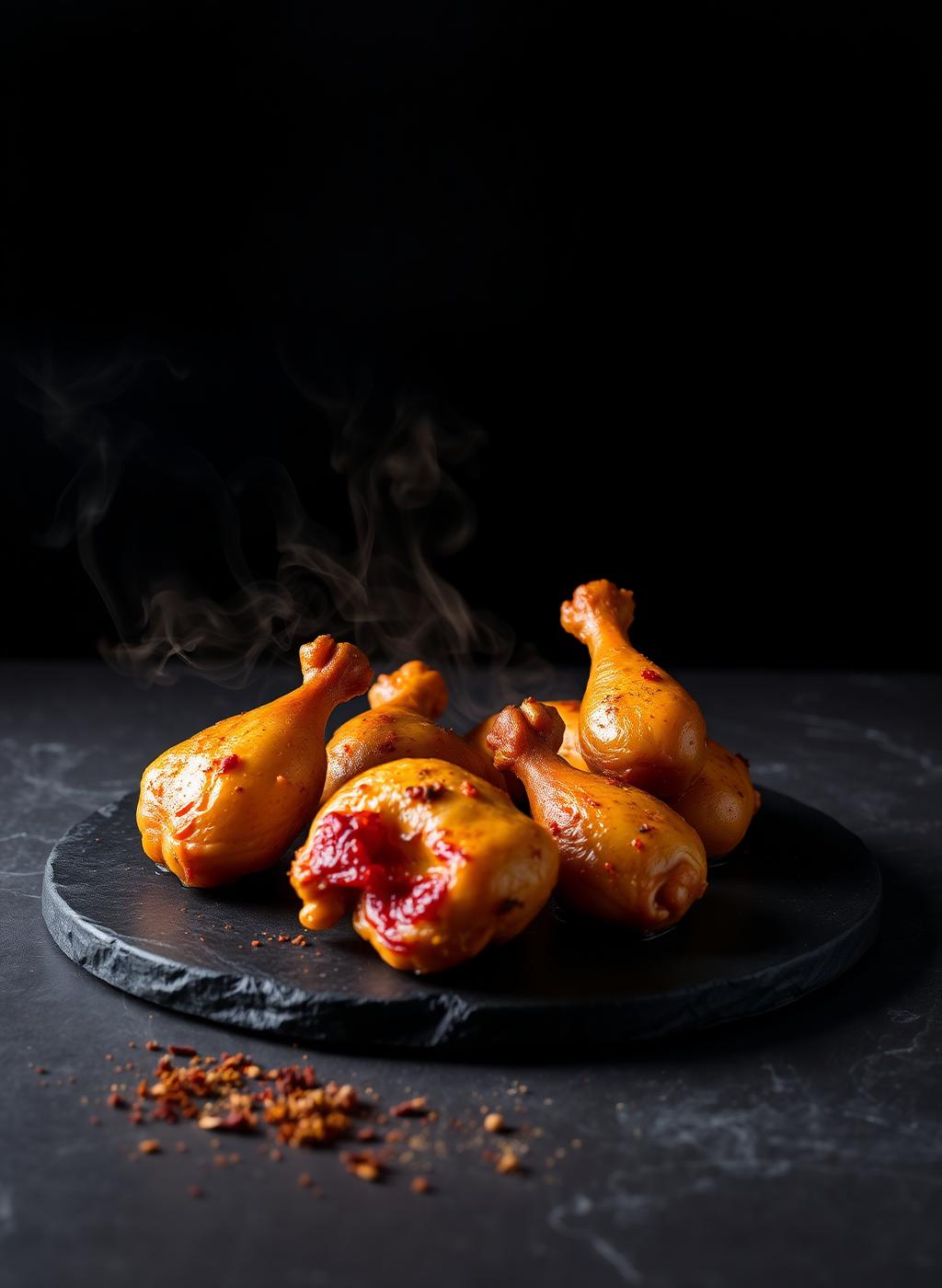 Al-Haraak Nashville hot honey chicken tenders with rising steam on slate
