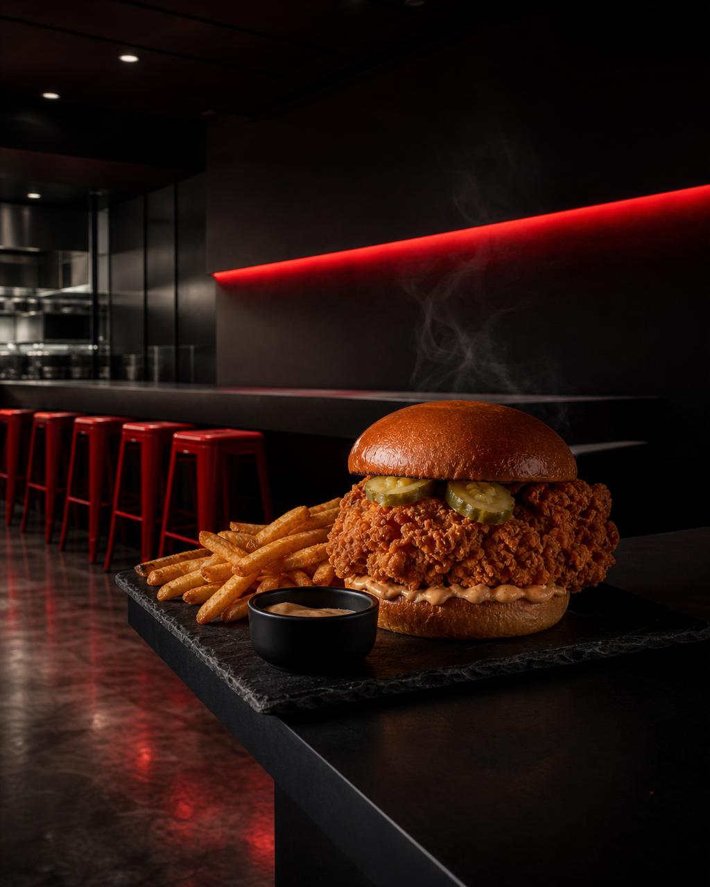 Moody modern Arlo restaurant interior with navy accent lighting and a plated chicken burger