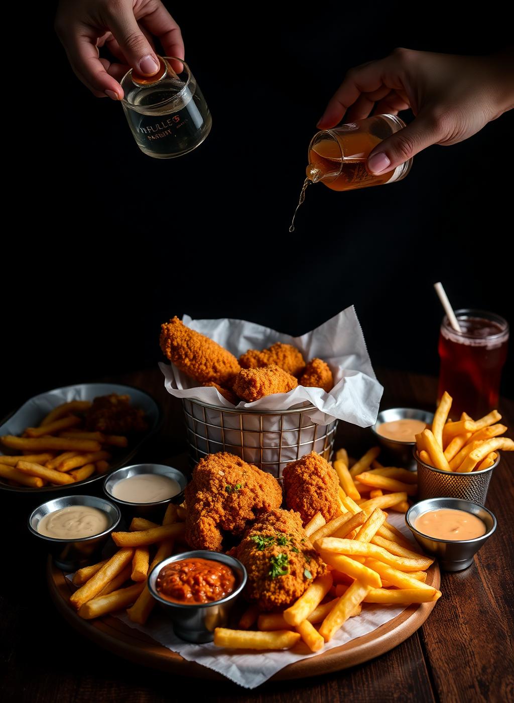 Moody modern Al-Haraak restaurant interior with warm red accent lighting and a plated chicken burger